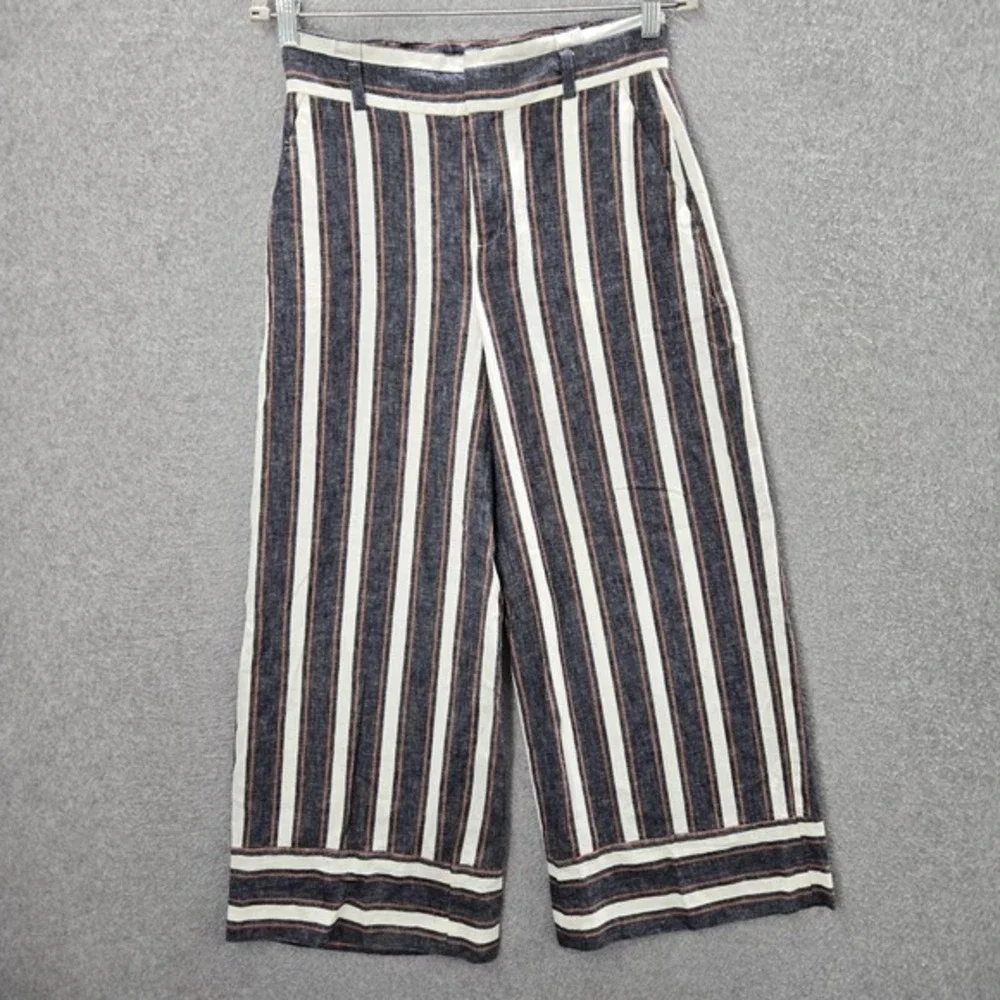 Banana Republic Women Pants 4 Gray Striped Blake Crop Linen Blend Wide‎ Leg